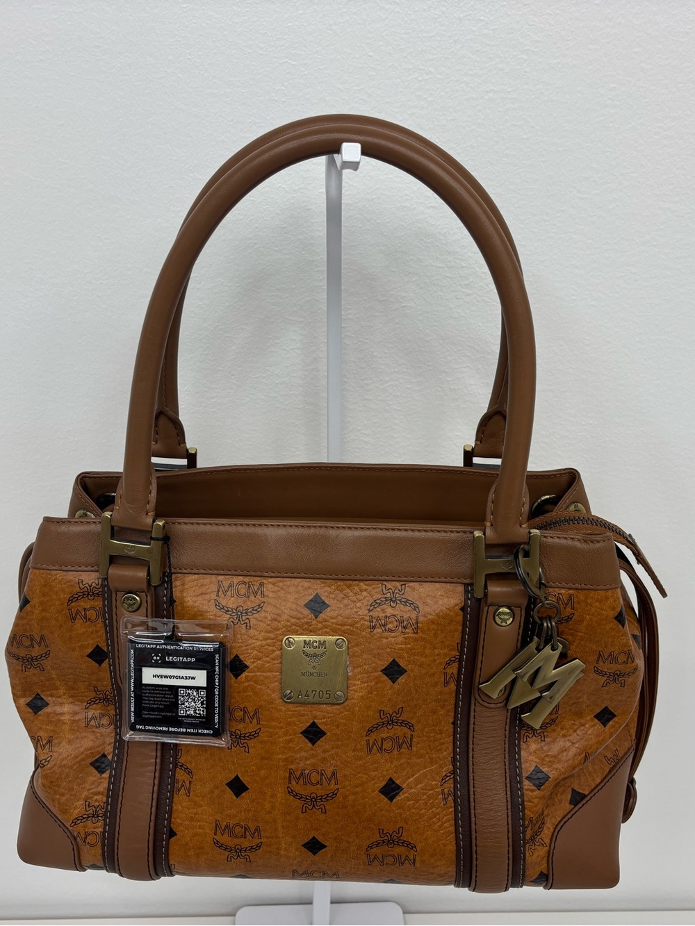 MCM Cognac Visetos Monogram Leather Satchel Bag with Charm